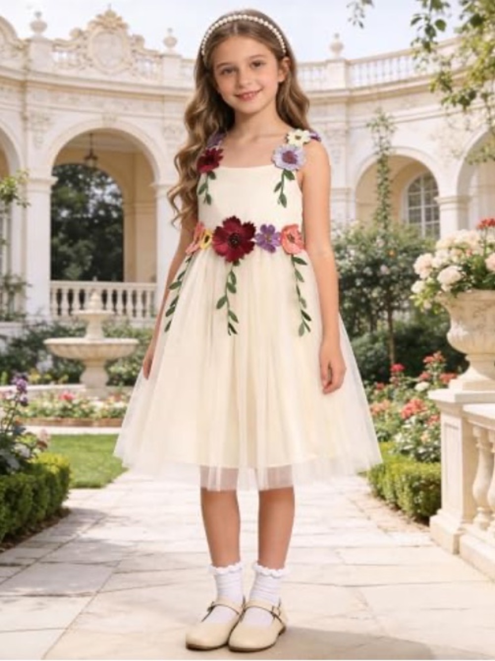 IDOPIP Flower Girl Dress Floral Embroidery Tulle Tutu for Wedding Birthday NWTS